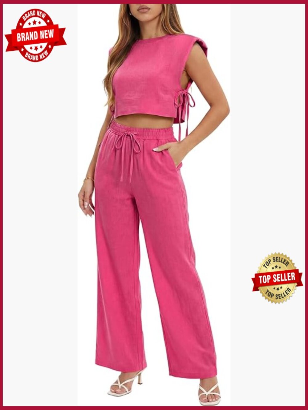 Linen Lounge Set - Crop Top & Wide Leg Pants 2 Piece Outfit